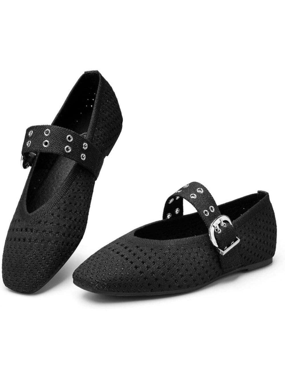 Women's Dark Black Square Toe Ballet Flats with Buckle Straps Mary Jane Shoes